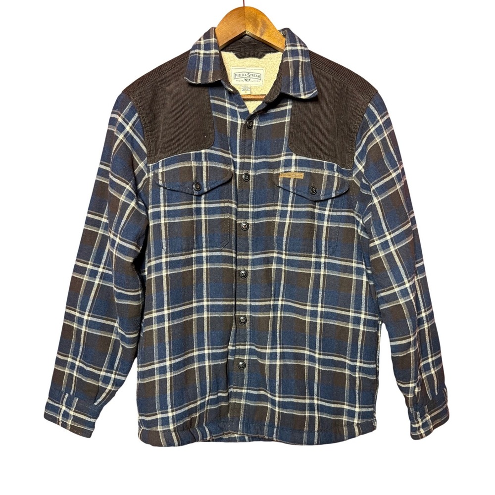 Field & Stream Men Small Plaid Sherpa Lined Blue Shirt Jacket Corduroy Accents
